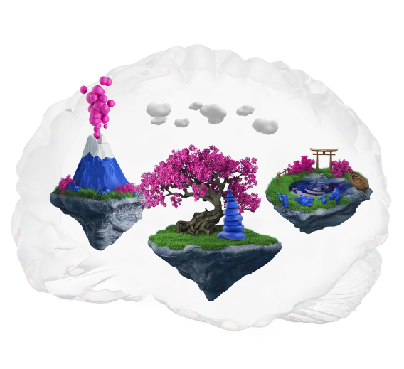 A graphic of a brain metaphorically linked to a volcano erupting, a cherry blossom tree, and a zen garden, symbolizing cognitive functions