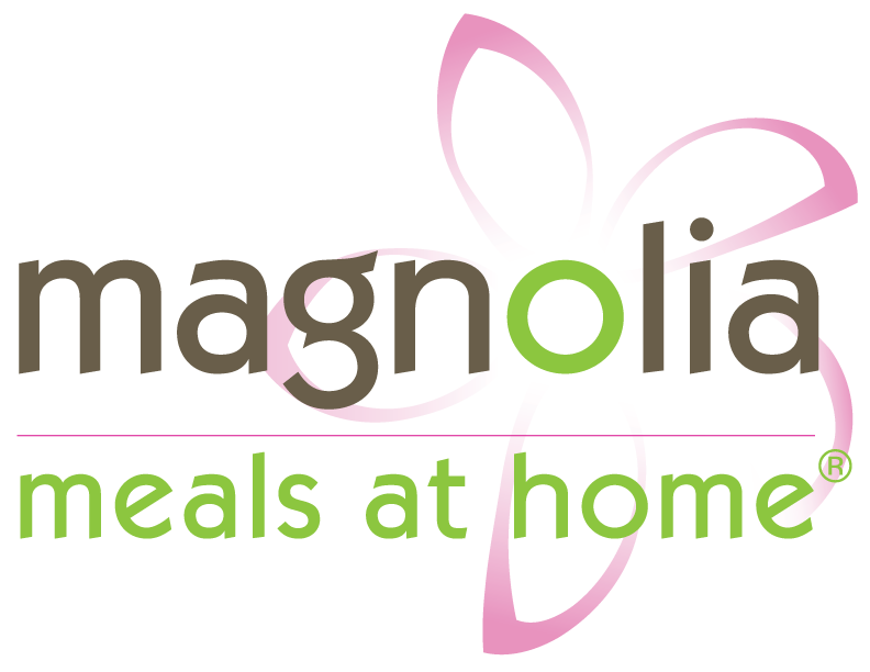 Logo with text saying Magnolia meals at home and a pink flower icon in the background