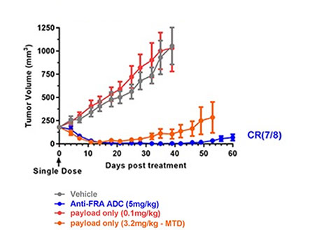 A graph showing the increased reduction in tumor volume 50 days post treatment with 5 milligrams per kilogram anti-FRA ADC relative to a 3.2 miligram per kilogram MTD payload only treatment