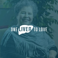Logo of the One Liver to Love initiative with an image of an elderly woman in the background