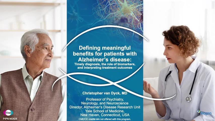 A video thumbnail featuring a female doctor consulting an elderly male patient, separated by a blue vertical banner with the title Defining meaningful benefits for patients with Alzheimer's Disease