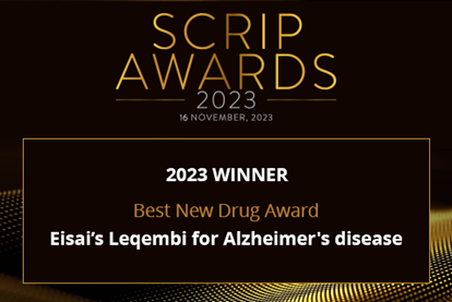 Scrip Awards 2023 banner with text below saying 2023 winner best new drug award, Eisai's Leqembi for Alzheimer's disease