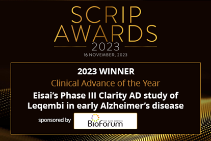 Scrip Awards 2023 banner with text below saying 2023 winner clinical advance of the year, Eisai's phase 3 clarity AD study of Leqembi in early alzheimer's disease, and Bioforum logo at the bottom with tagline of the data masters