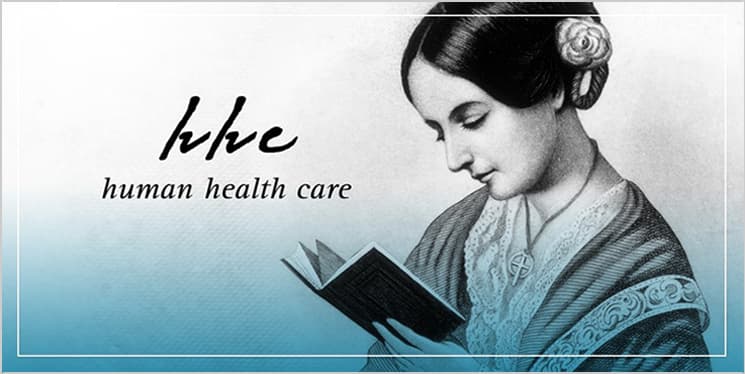 Drawing of Florence Nightingale reading a book alongside the human health care logo