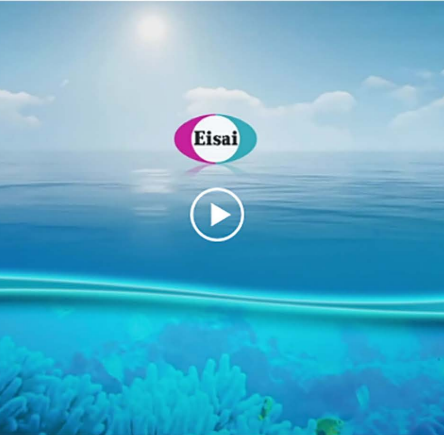 Eisai logo atop a body of water with a play symbol and clouds in the background