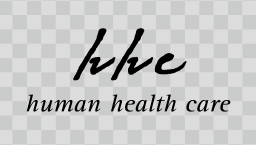 The hhc logo above text 'human health care' in black italic font on a checked background