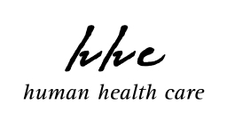 The hhc logo above text 'human health care' in black italic font on a white background