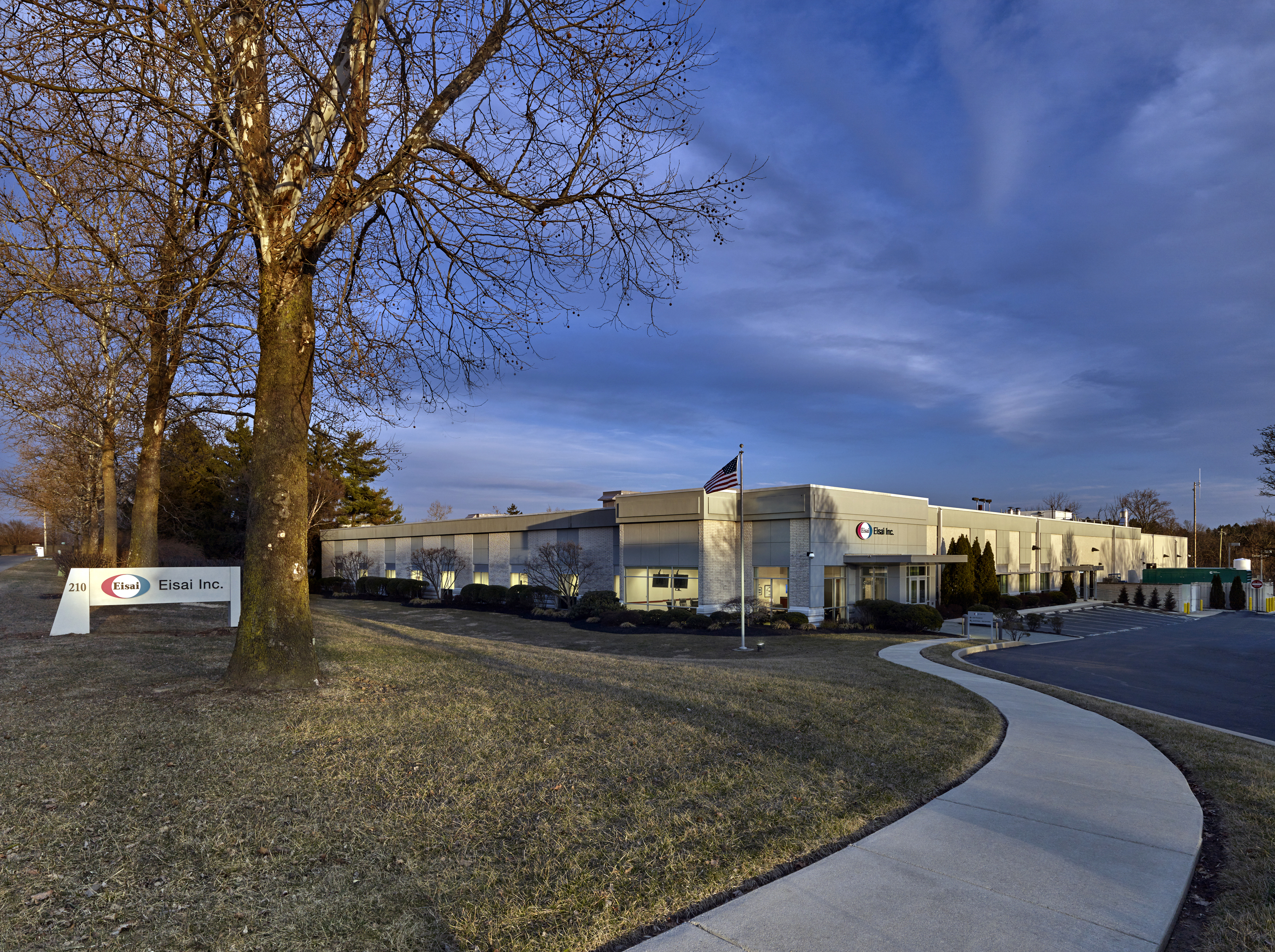 A street-view of the Eisai Exton 210 building and parking lot, with grass, trees, and a sidewalk leading to the entrance.