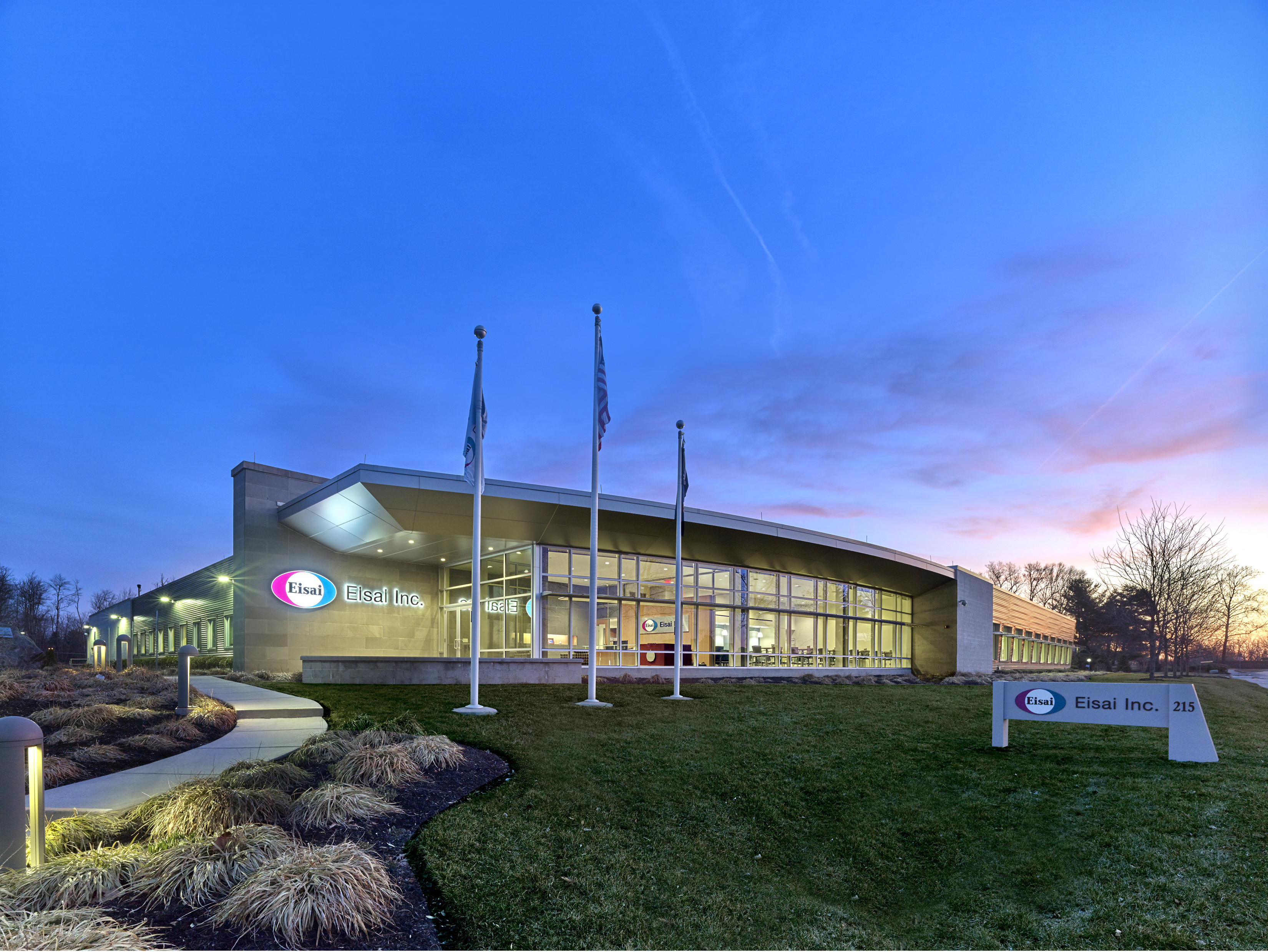A street-view of the Eisai Exton 215 building with 3 flagpoles at sunset with grass, rocks, and a sidewalk leading up to the building.