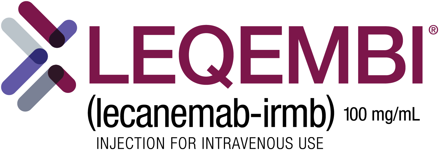 The Leqembi logo with text (lecanemab-irmb) 100 mg/mL Injection for intravenous use on a grey background.