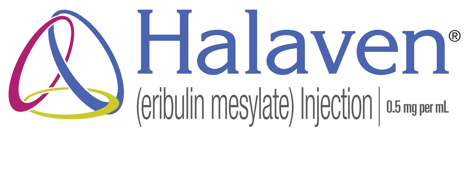 Halaven logo with text (eribulin mesylate) Injection 0.5 milligram per milliliter.