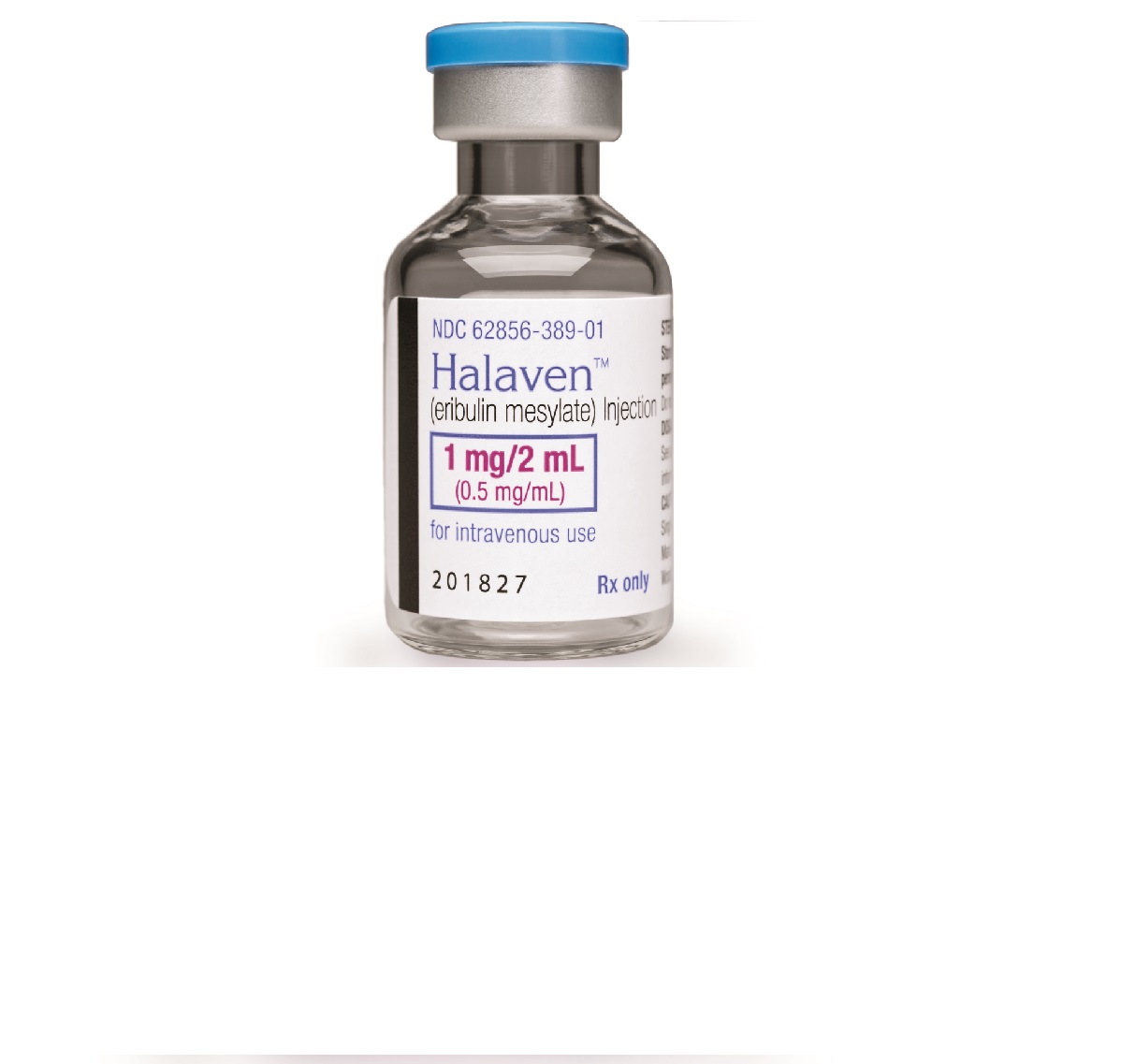 Photo of a 1 milligram per 2 milliliter vial of Halaven on a white background.