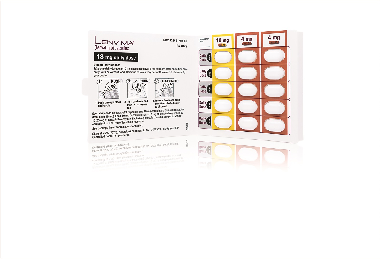Photo of Lenvima 18 milligram Blistercard featuring product instructions on one side and 3 columns of capsules on the other. The first row of capsules is 10 milligram, the second two are 4 milligram.