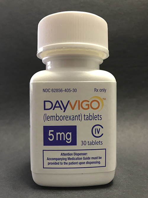 Photo of a white prescription bottle containing 30 tablets of 5 milligram Dayvigo (lemborexant).