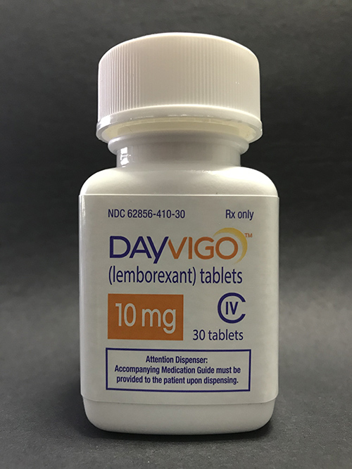 Photo of a white prescription bottle containing 30 tablets of 5 milligram Dayvigo (lemborexant).