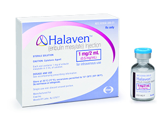 Photo of a Halaven box next to a 1 milligram per 2 milliliter vial of Halaven on a white background.