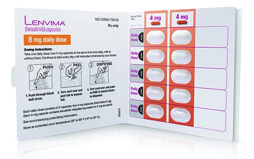 Photo of Lenvima 8 milligram Blistercard featuring product instructions on one side and 2 columns of 4 milligram capsules on the other side.