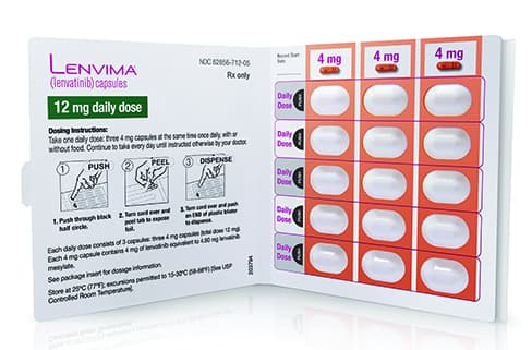 Product photo of Lenvima 12 milligram Blistercard featuring product instructions on one side and 3 columns of 4 milligram capsules on the other side.