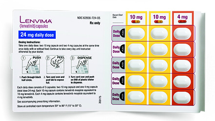 Product photo of Lenvima 24 milligram Blistercard featuring product instructions on one side and 3 columns of capsules on the other. The first two rows of capsules are 10 milligram, the third is 4 milligram.