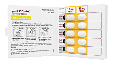 Photo of Lenvima 20 miligram Blistercard featuring product instructions on one side and 2 columns of 10 milligram capsules on the other side.