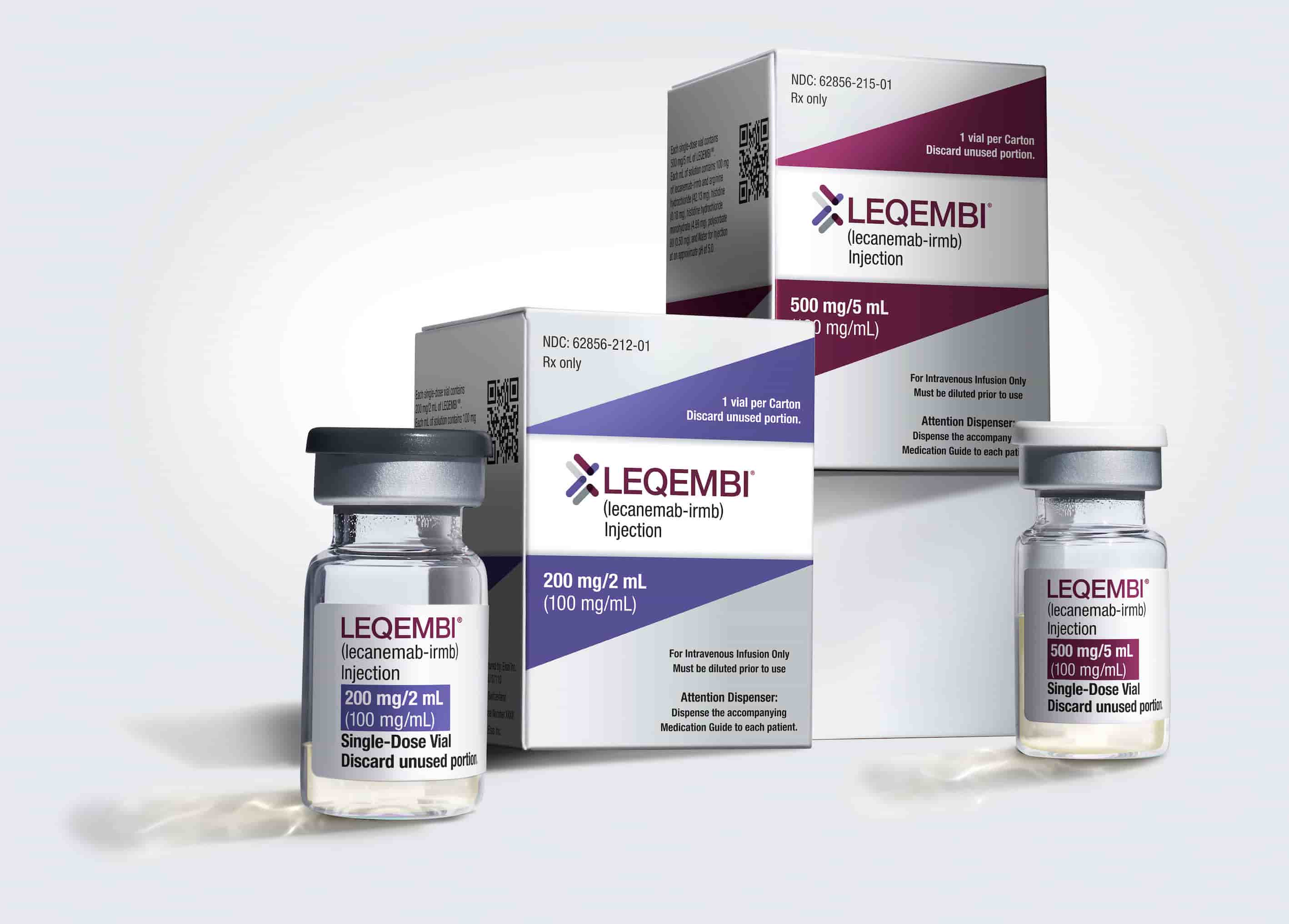 Product photo that includes a 200mg vial of Leqembi next to a prescription box and a 500mg vial of Leqembi next to prescription box on a grey background.