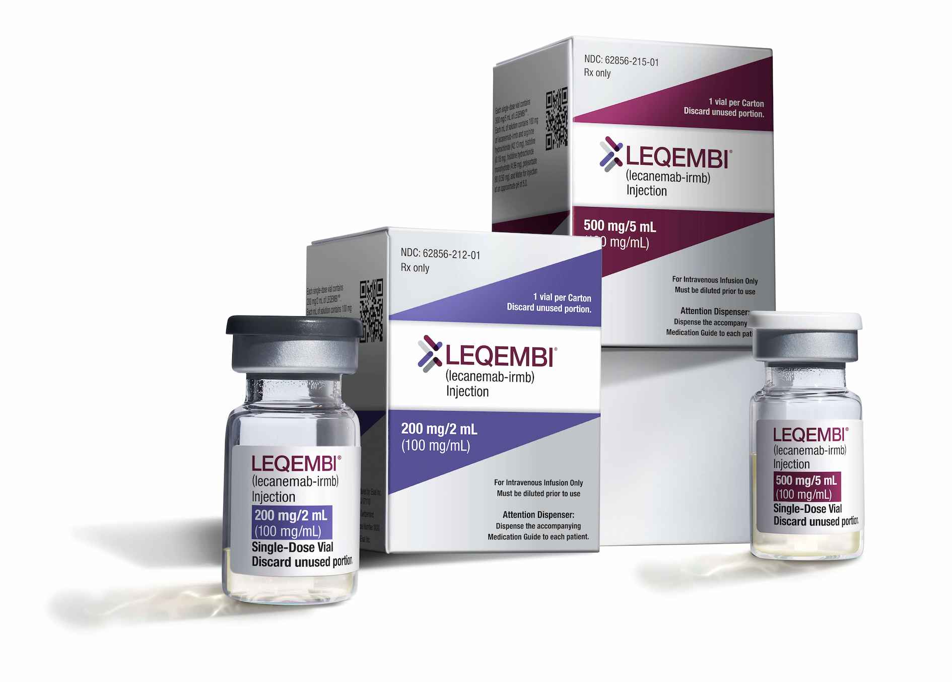 Product photo that includes a 200mg vial of Leqembi next to a prescription box and a 500mg vial of Leqembi next to prescription box on a white background.